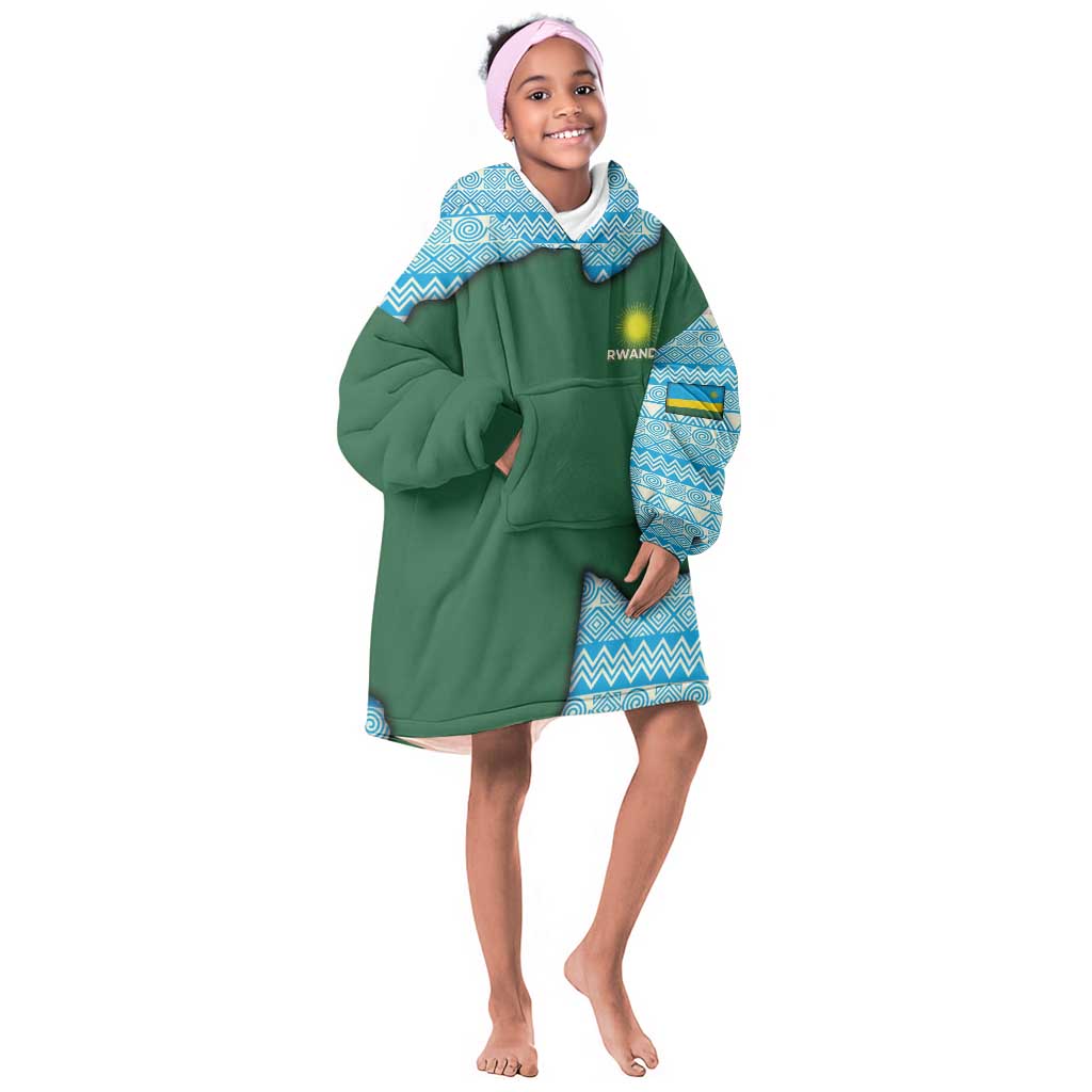 Rwanda Kid Wearable Blanket Hoodie with Green Nature Map Waterfall Sunburst Spirit
