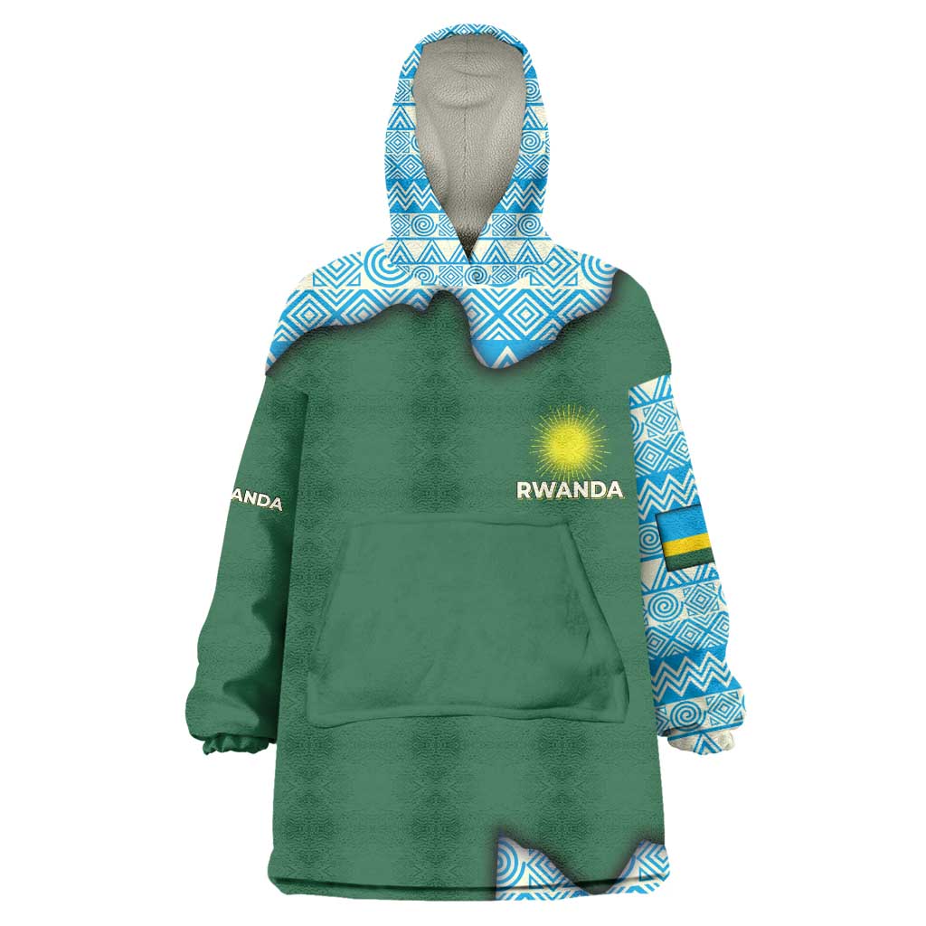 Rwanda Kid Wearable Blanket Hoodie with Green Nature Map Waterfall Sunburst Spirit