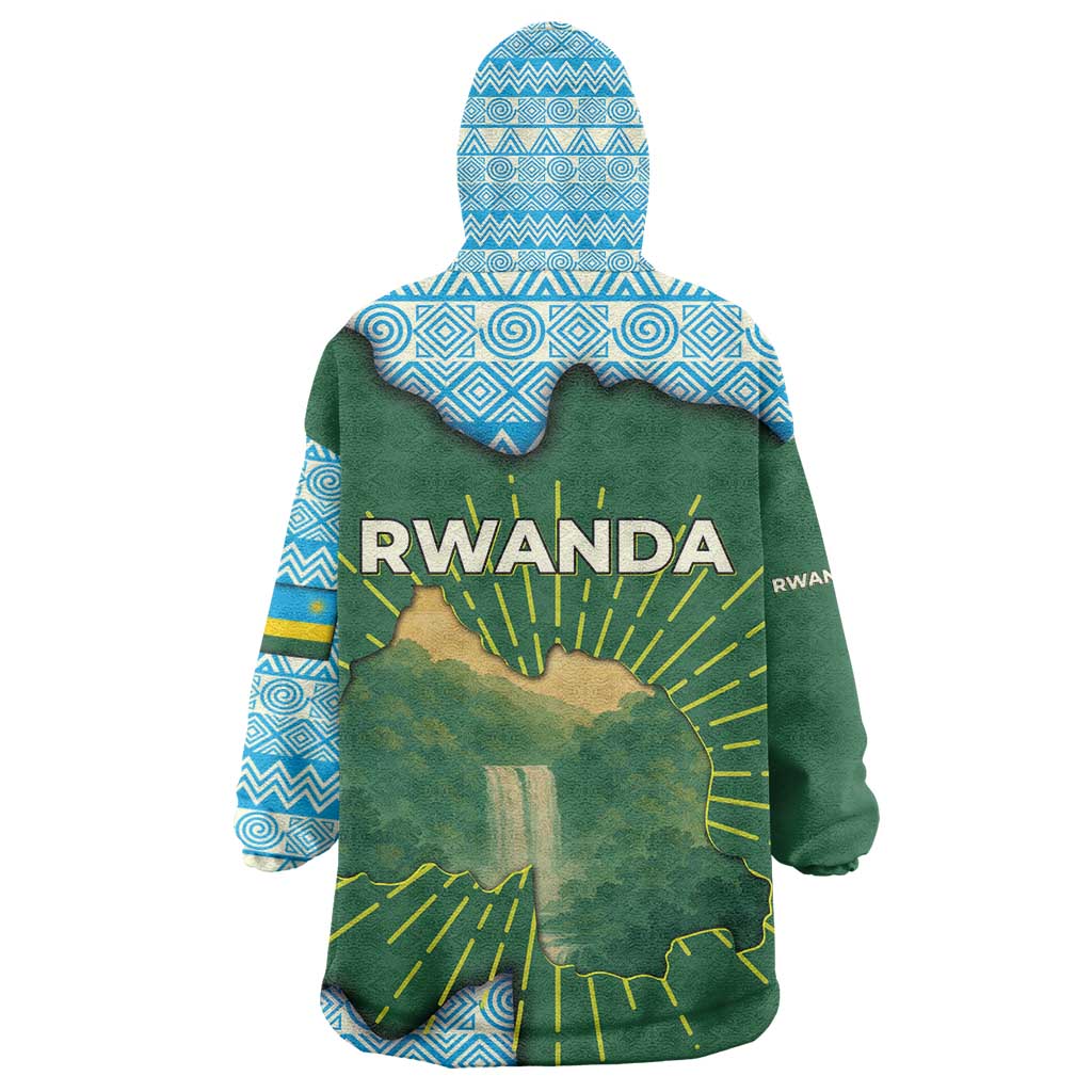 Rwanda Kid Wearable Blanket Hoodie with Green Nature Map Waterfall Sunburst Spirit