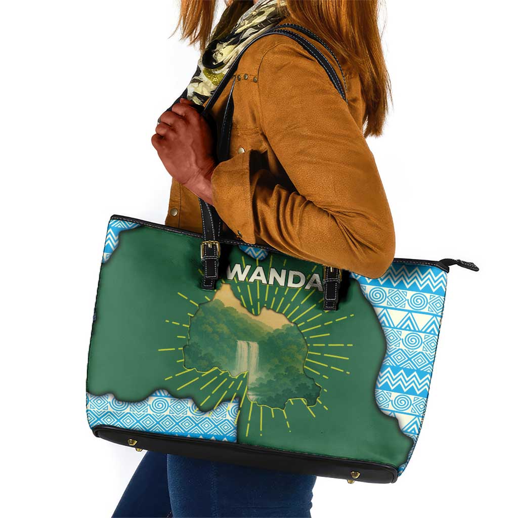 Rwanda Leather Tote Bag with Green Nature Map Waterfall Sunburst Spirit
