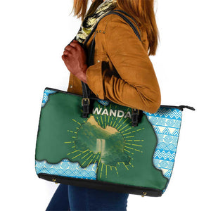 Rwanda Leather Tote Bag with Green Nature Map Waterfall Sunburst Spirit