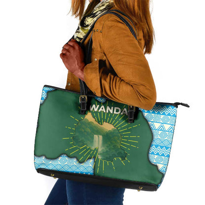 Rwanda Leather Tote Bag with Green Nature Map Waterfall Sunburst Spirit