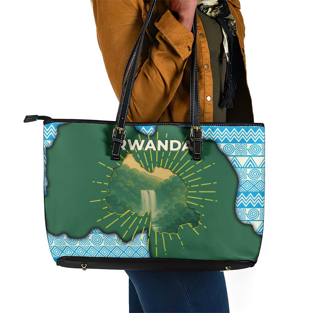 Rwanda Leather Tote Bag with Green Nature Map Waterfall Sunburst Spirit