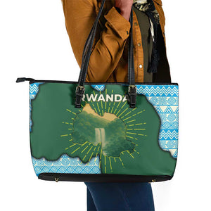 Rwanda Leather Tote Bag with Green Nature Map Waterfall Sunburst Spirit