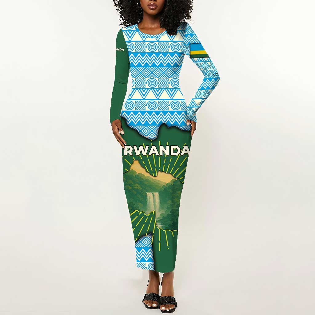 Rwanda Long Sleeve Bodycon Dress with Green Nature Map Waterfall Sunburst Spirit