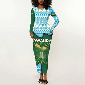 Rwanda Long Sleeve Bodycon Dress with Green Nature Map Waterfall Sunburst Spirit