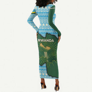 Rwanda Long Sleeve Bodycon Dress with Green Nature Map Waterfall Sunburst Spirit