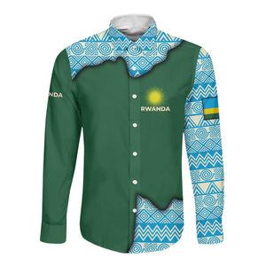 Rwanda Long Sleeve Button Shirt with Green Nature Map Waterfall Sunburst Spirit