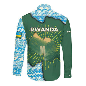 Rwanda Long Sleeve Button Shirt with Green Nature Map Waterfall Sunburst Spirit
