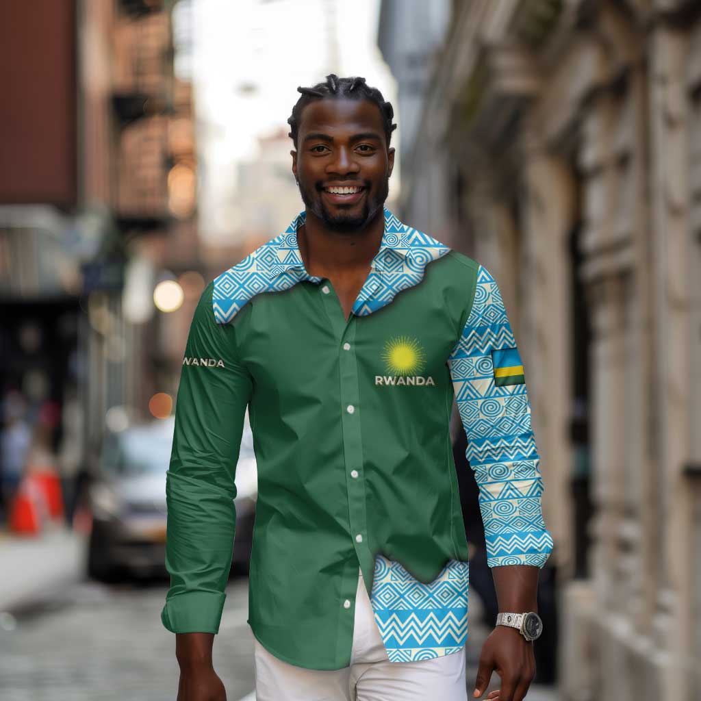 Rwanda Long Sleeve Button Shirt with Green Nature Map Waterfall Sunburst Spirit