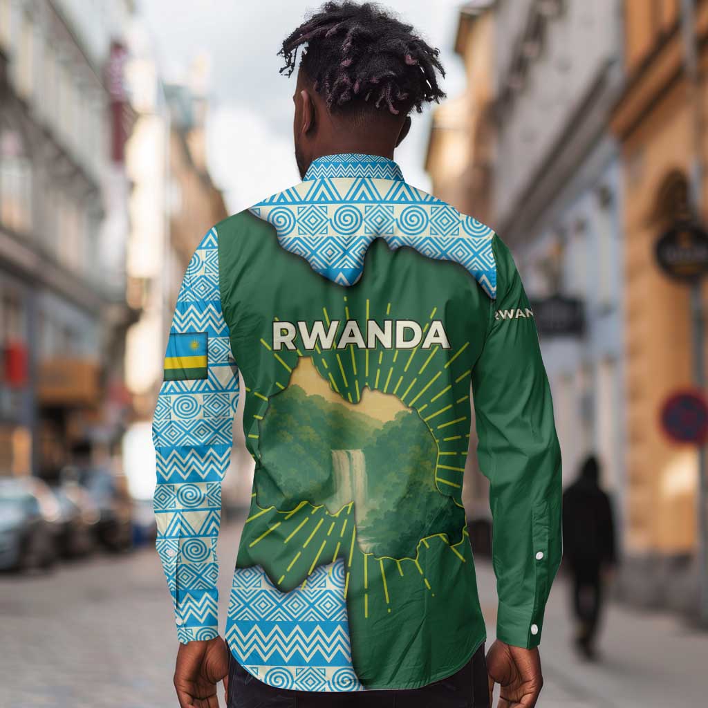 Rwanda Long Sleeve Button Shirt with Green Nature Map Waterfall Sunburst Spirit