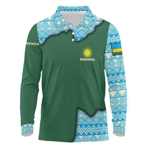Rwanda Long Sleeve Polo Shirt with Green Nature Map Waterfall Sunburst Spirit
