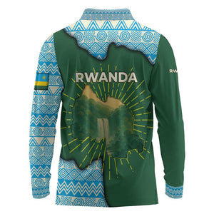 Rwanda Long Sleeve Polo Shirt with Green Nature Map Waterfall Sunburst Spirit
