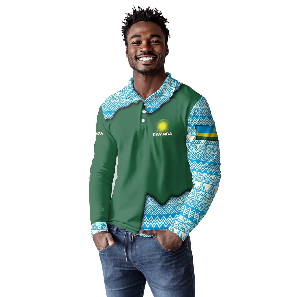 Rwanda Long Sleeve Polo Shirt with Green Nature Map Waterfall Sunburst Spirit
