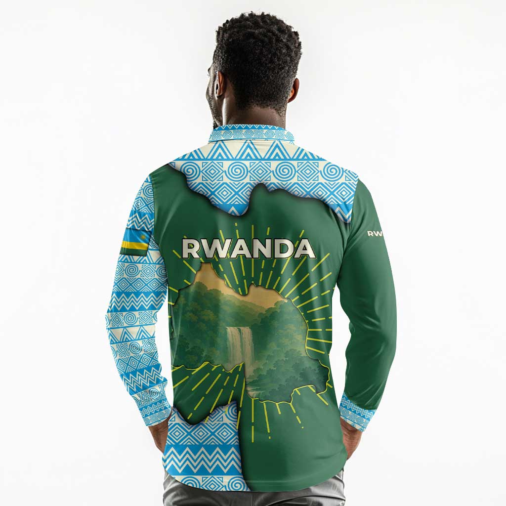 Rwanda Long Sleeve Polo Shirt with Green Nature Map Waterfall Sunburst Spirit