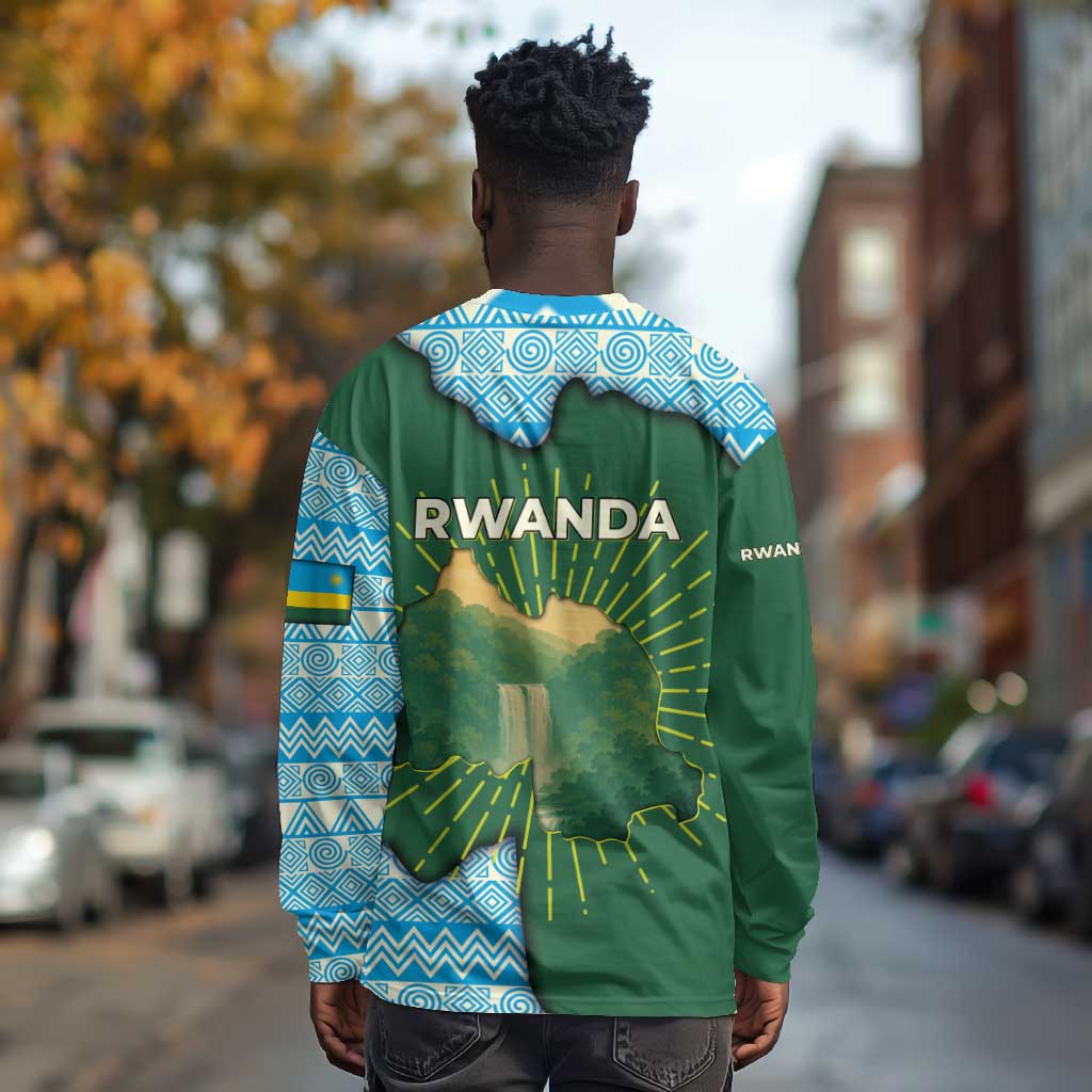 Rwanda Long Sleeve Shirt with Green Nature Map Waterfall Sunburst Spirit