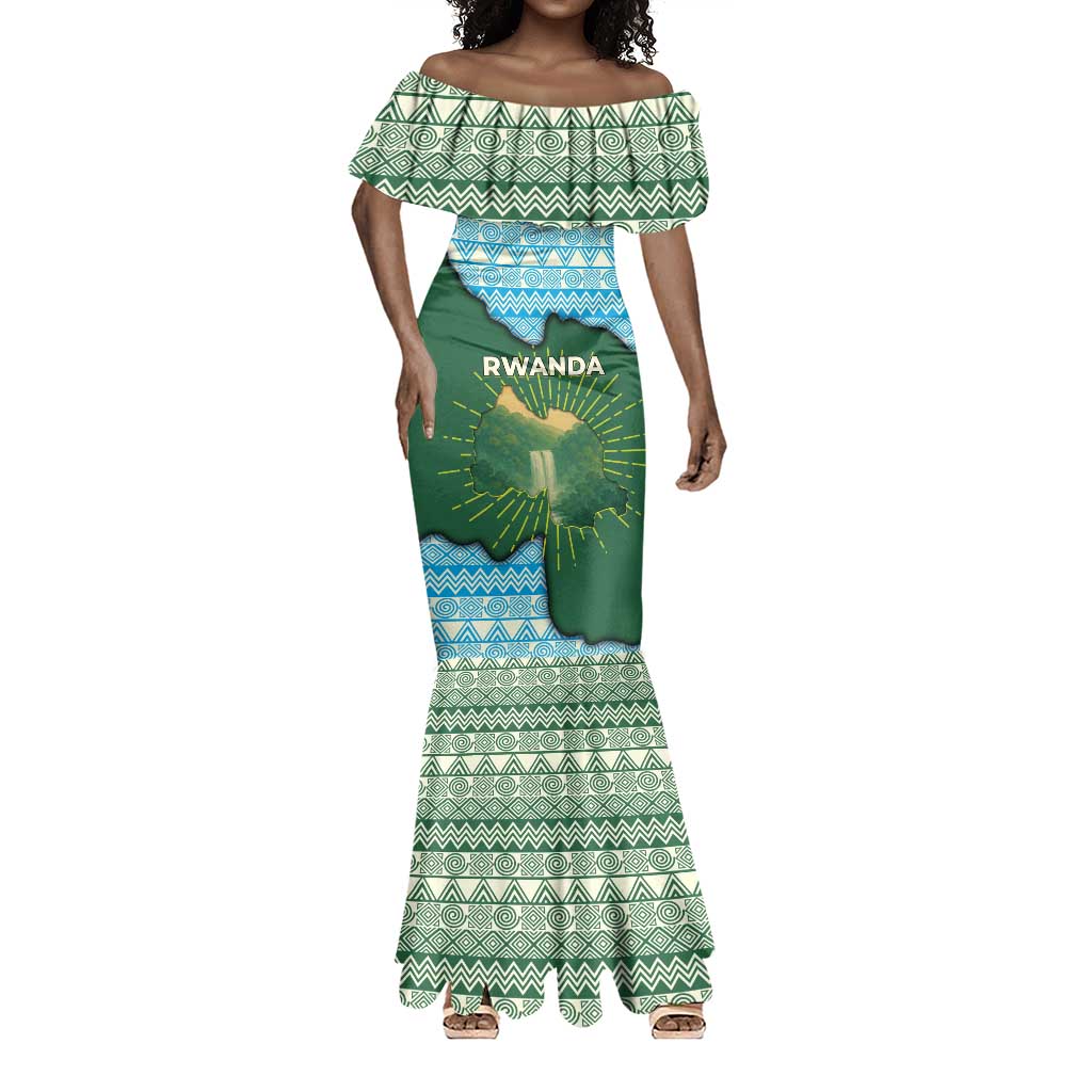 Rwanda Mermaid Dress with Green Nature Map Waterfall Sunburst Spirit