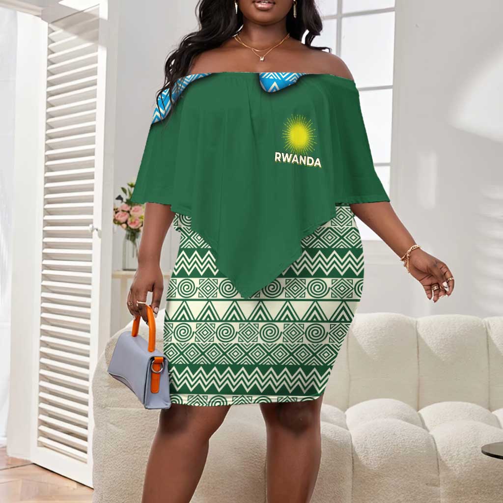 Rwanda Off Shoulder Short Dress with Green Nature Map Waterfall Sunburst Spirit