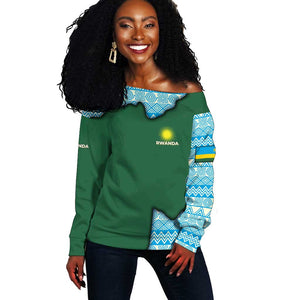 Rwanda Off Shoulder Sweater with Green Nature Map Waterfall Sunburst Spirit