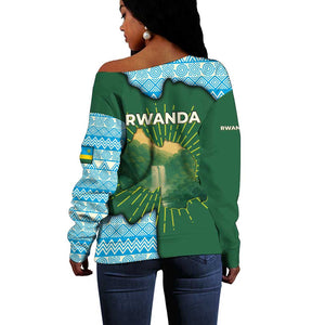 Rwanda Off Shoulder Sweater with Green Nature Map Waterfall Sunburst Spirit
