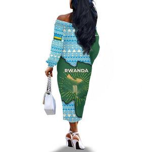 Rwanda Off The Shoulder Long Sleeve Dress with Green Nature Map Waterfall Sunburst Spirit
