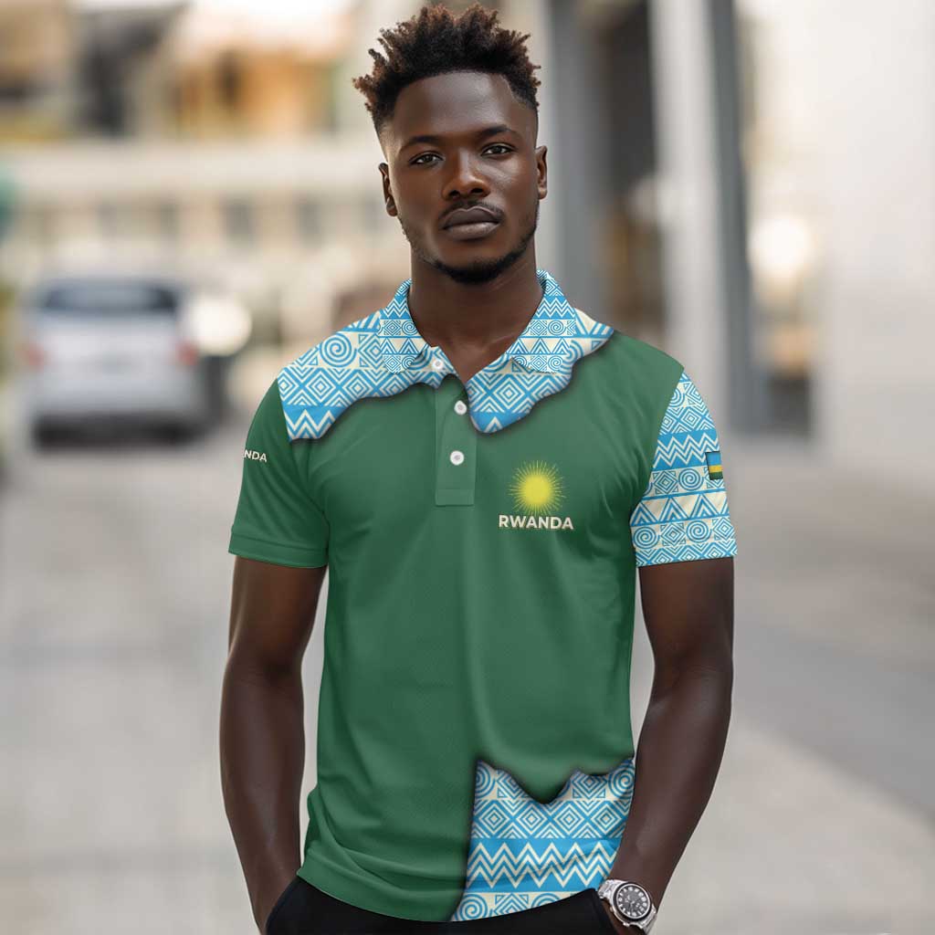 Rwanda Polo Shirt with Green Nature Map Waterfall Sunburst Spirit