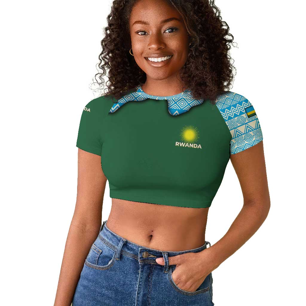 Rwanda Raglan Cropped T shirt with Green Nature Map Waterfall Sunburst Spirit