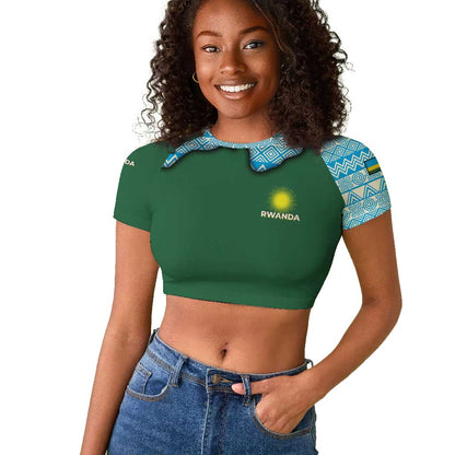 Rwanda Raglan Cropped T shirt with Green Nature Map Waterfall Sunburst Spirit