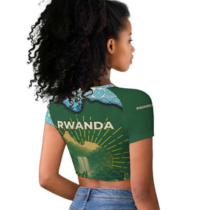 Rwanda Raglan Cropped T shirt with Green Nature Map Waterfall Sunburst Spirit
