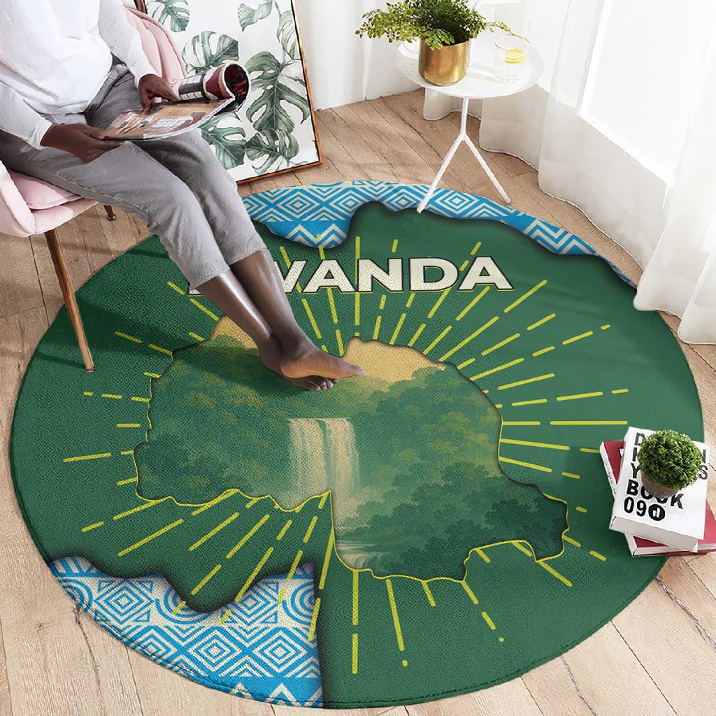 Rwanda Round Carpet with Green Nature Map Waterfall Sunburst Spirit