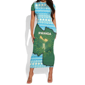 Rwanda Short Sleeve Bodycon Dress with Green Nature Map Waterfall Sunburst Spirit