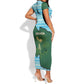 Rwanda Short Sleeve Bodycon Dress with Green Nature Map Waterfall Sunburst Spirit