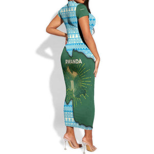 Rwanda Short Sleeve Bodycon Dress with Green Nature Map Waterfall Sunburst Spirit