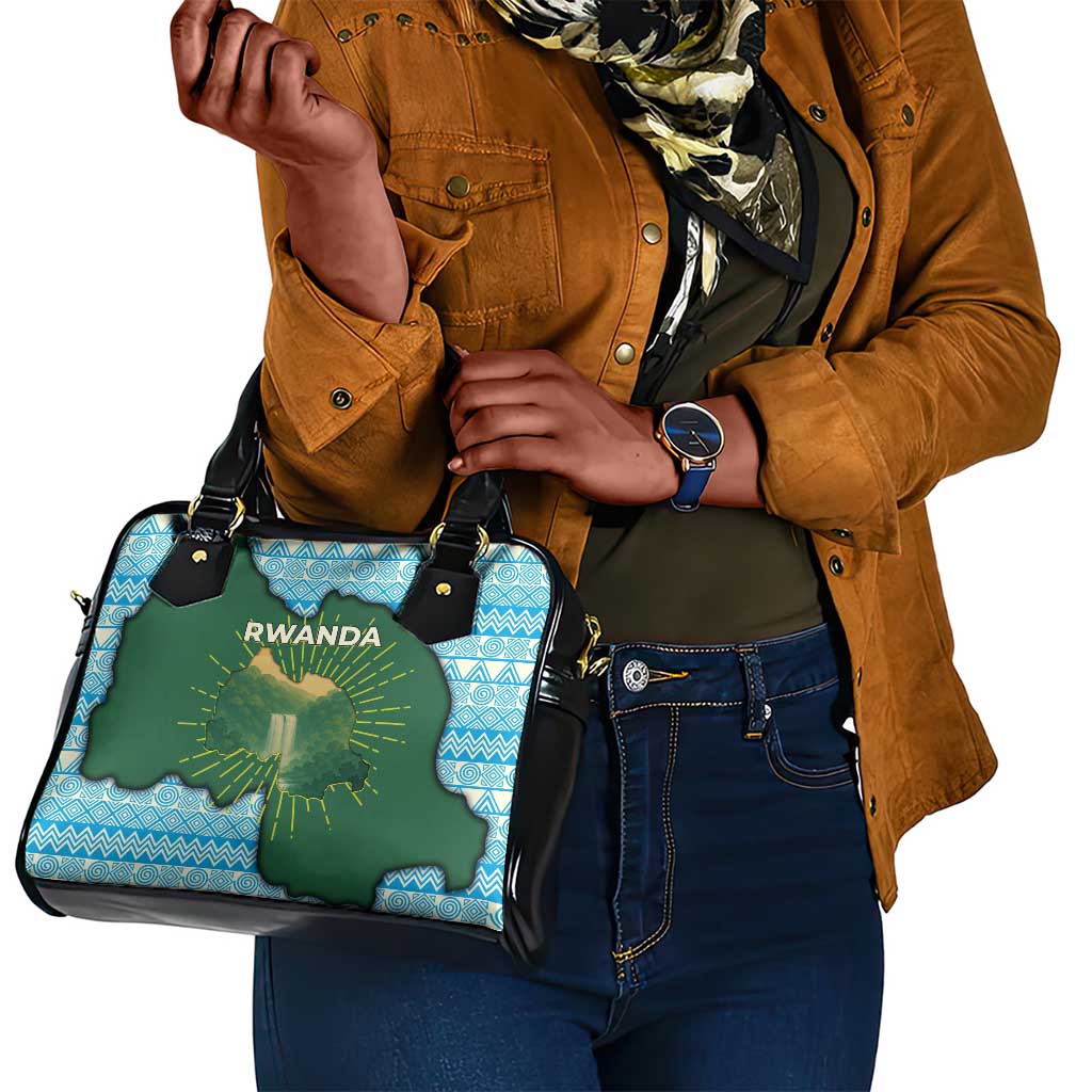 Rwanda Shoulder Handbag with Green Nature Map Waterfall Sunburst Spirit