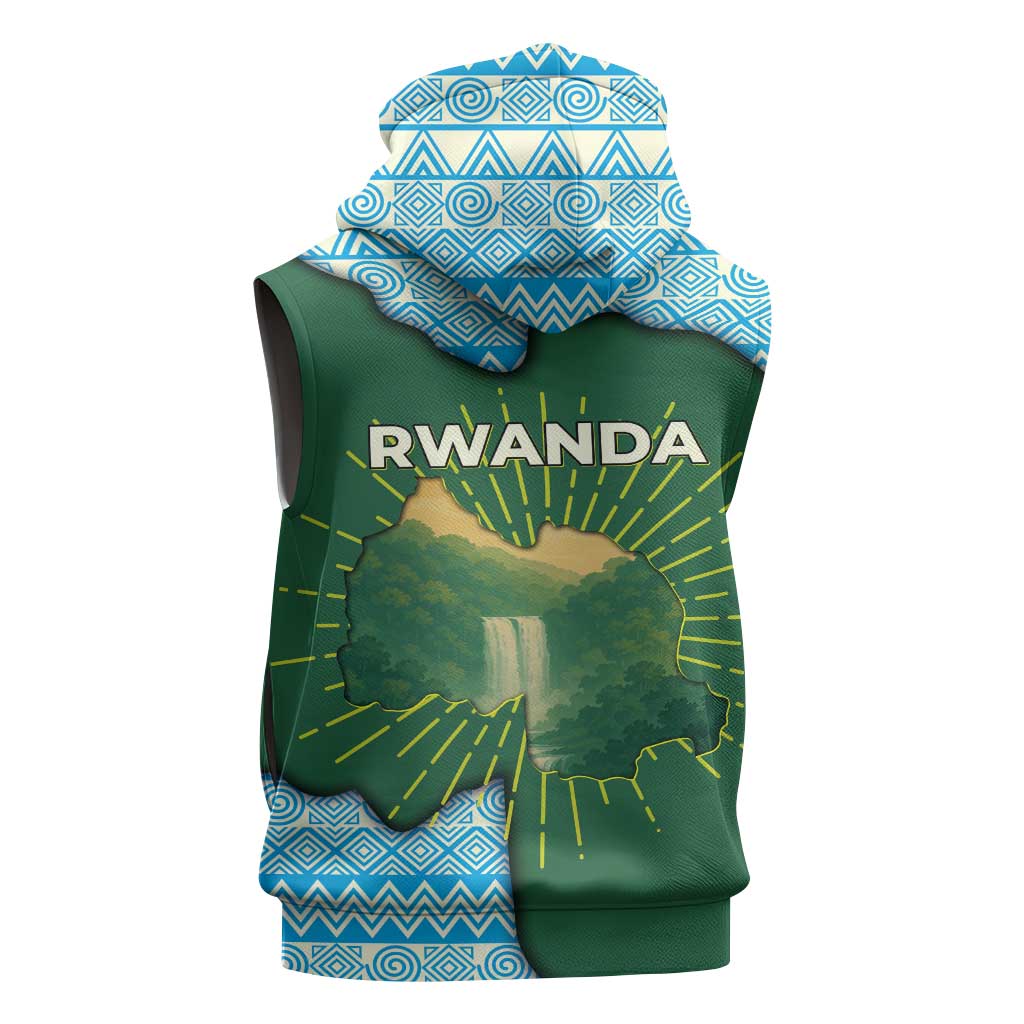 Rwanda Sleeveless Hoodie with Green Nature Map Waterfall Sunburst Spirit - African Pride