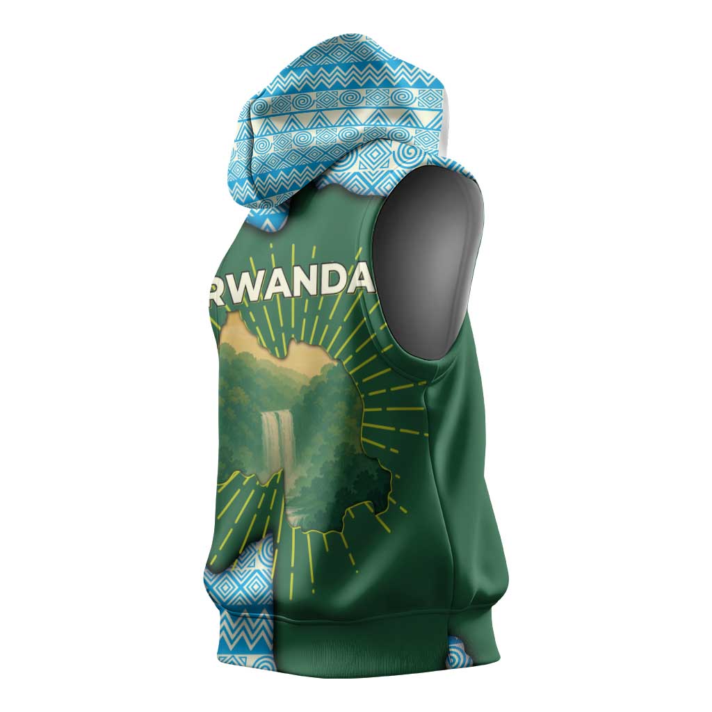 Rwanda Sleeveless Hoodie with Green Nature Map Waterfall Sunburst Spirit - African Pride