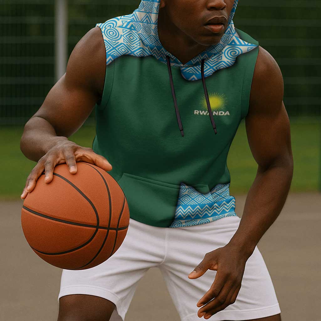 Rwanda Sleeveless Hoodie with Green Nature Map Waterfall Sunburst Spirit - African Pride