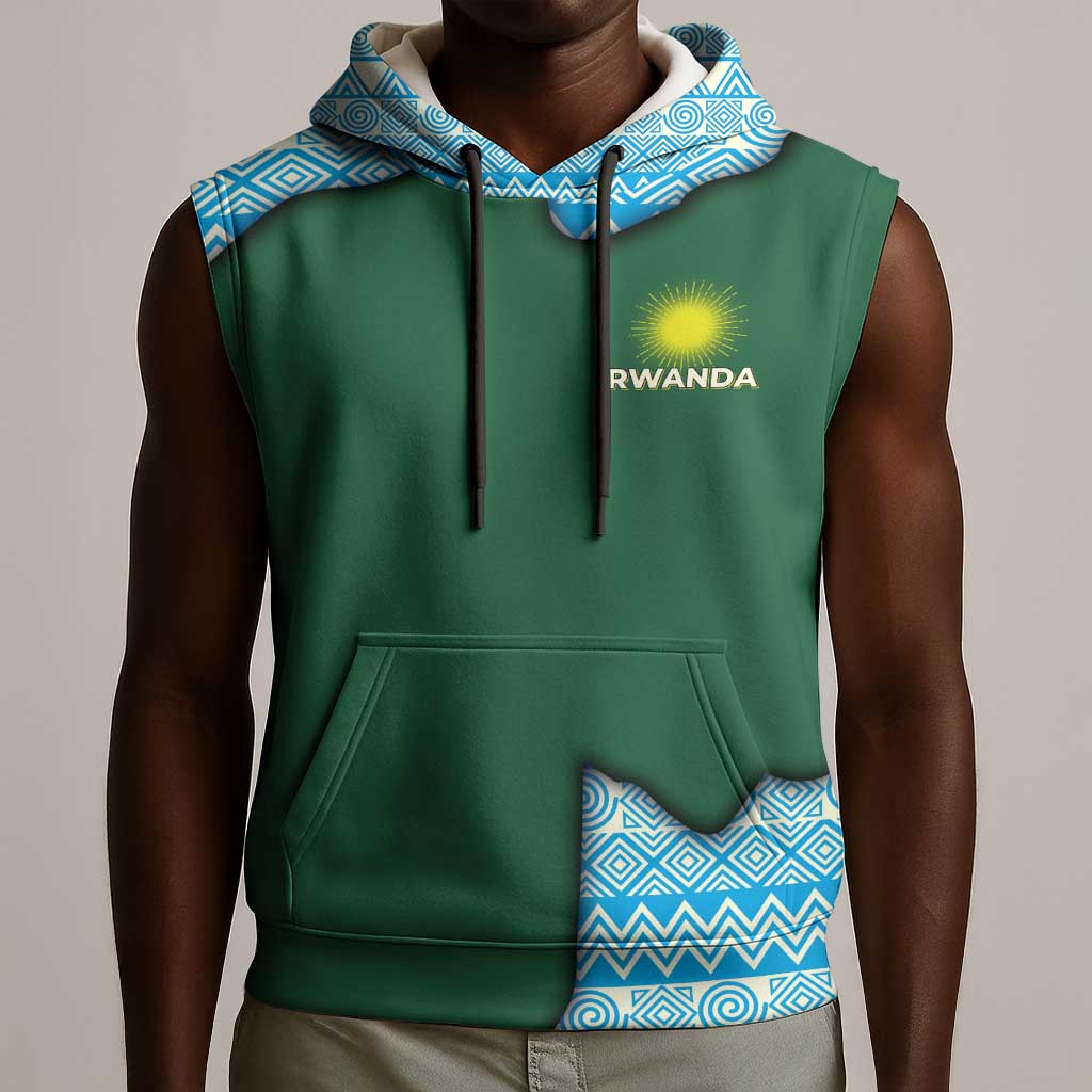 Rwanda Sleeveless Hoodie with Green Nature Map Waterfall Sunburst Spirit - African Pride