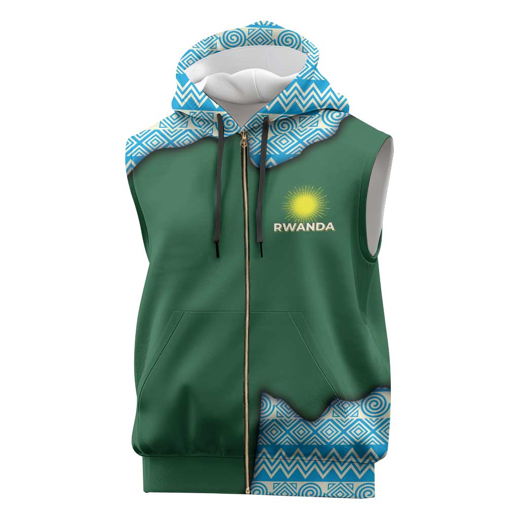 Rwanda Sleeveless Zip Hoodie with Green Nature Map Waterfall Sunburst Spirit - African Pride