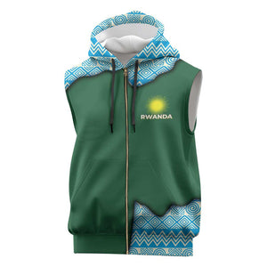 Rwanda Sleeveless Zip Hoodie with Green Nature Map Waterfall Sunburst Spirit - African Pride
