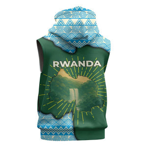 Rwanda Sleeveless Zip Hoodie with Green Nature Map Waterfall Sunburst Spirit - African Pride