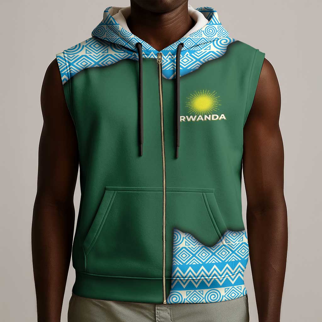 Rwanda Sleeveless Zip Hoodie with Green Nature Map Waterfall Sunburst Spirit - African Pride