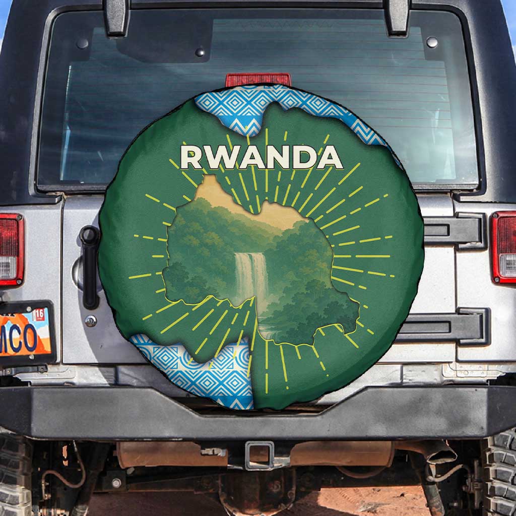 Rwanda Spare Tire Cover with Green Nature Map Waterfall Sunburst Spirit