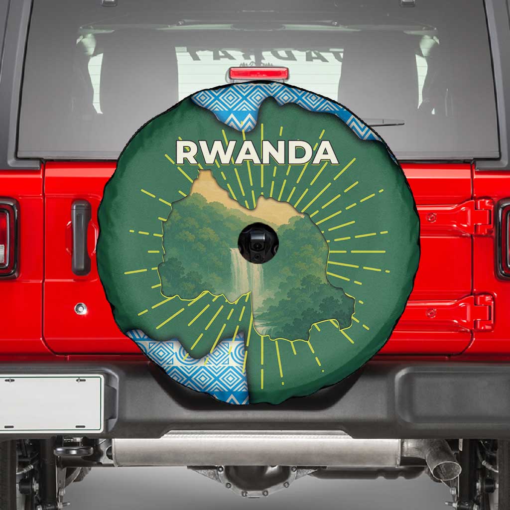 Rwanda Spare Tire Cover with Green Nature Map Waterfall Sunburst Spirit