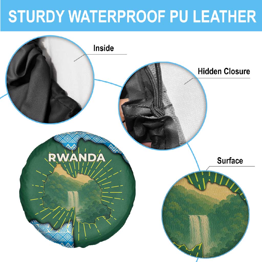 Rwanda Spare Tire Cover with Green Nature Map Waterfall Sunburst Spirit