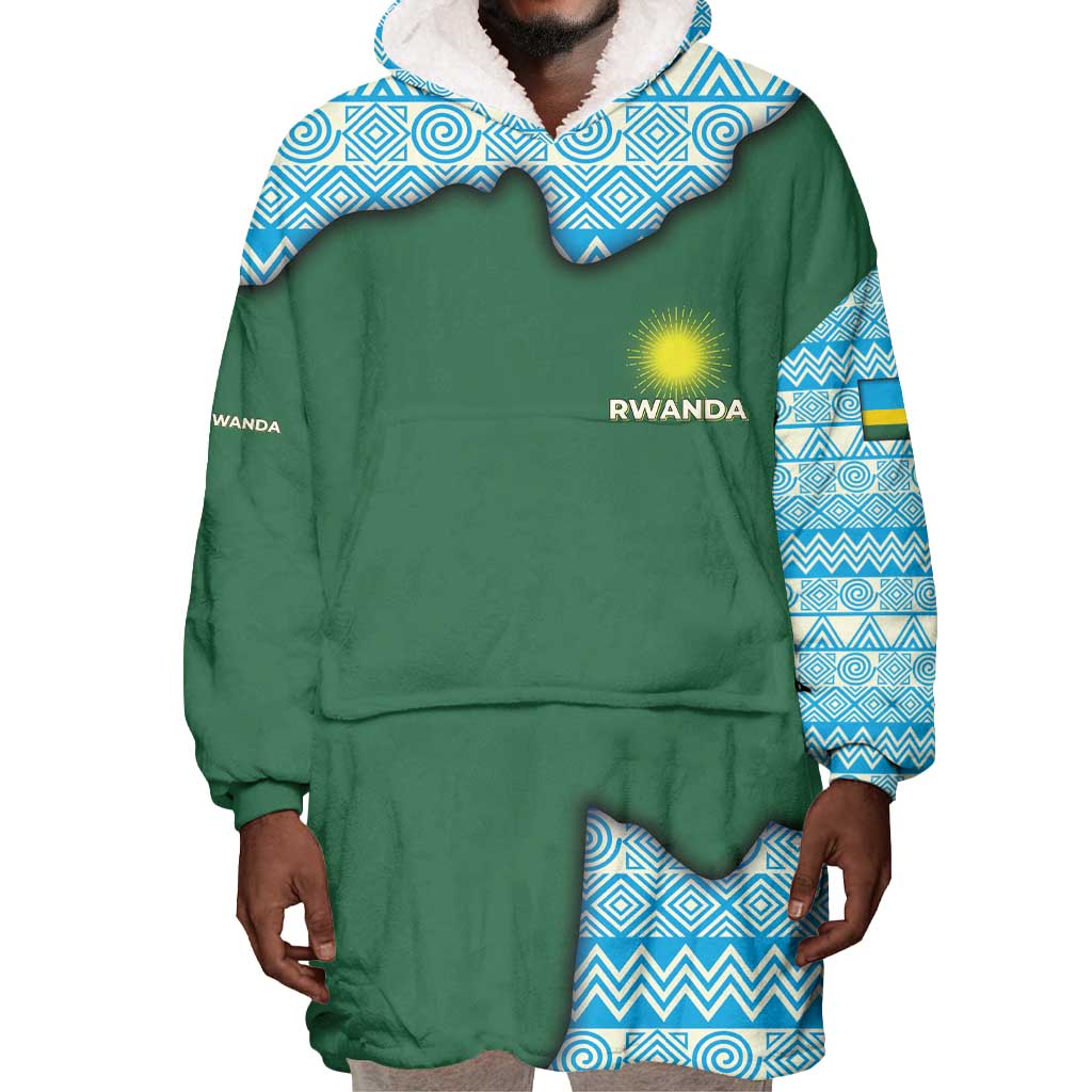 Rwanda Wearable Blanket Hoodie with Green Nature Map Waterfall Sunburst Spirit