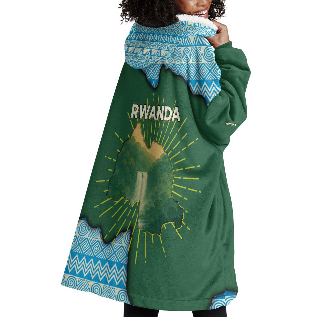 Rwanda Wearable Blanket Hoodie with Green Nature Map Waterfall Sunburst Spirit