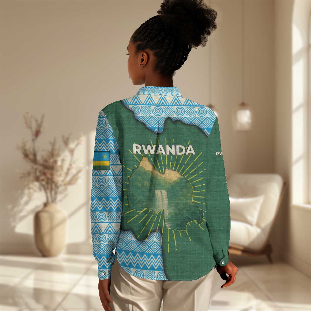 Rwanda Women Casual Shirt with Green Nature Map Waterfall Sunburst Spirit