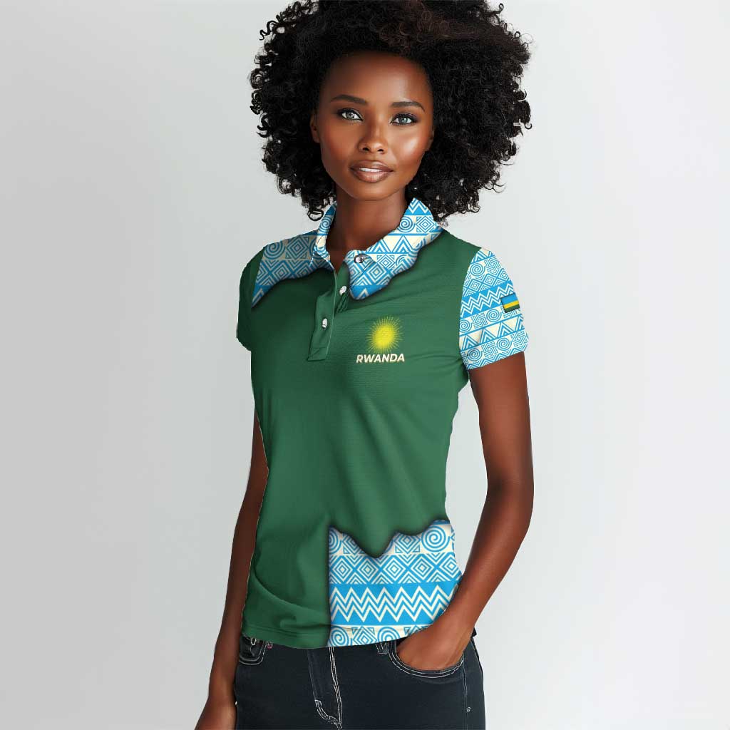 Rwanda Women Polo Shirt with Green Nature Map Waterfall Sunburst Spirit