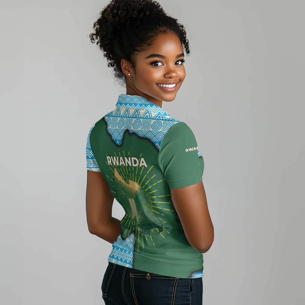 Rwanda Women Polo Shirt with Green Nature Map Waterfall Sunburst Spirit